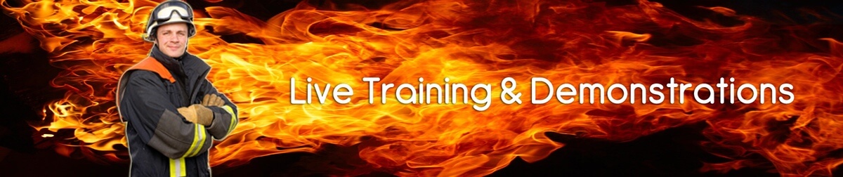 Firefighter in turnout gear in front of flames, banner reading Live Training & Demonstrations
