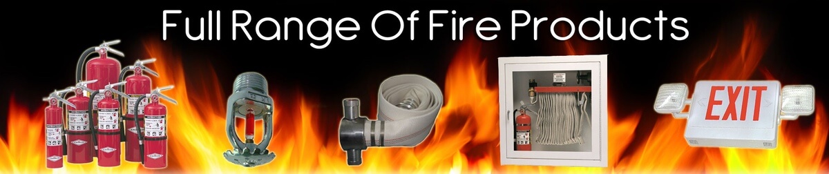 Fire extinguishers, sprinkler head, fire hose, hose cabinet and exit sign, banner reading Full Range Of Fire Products