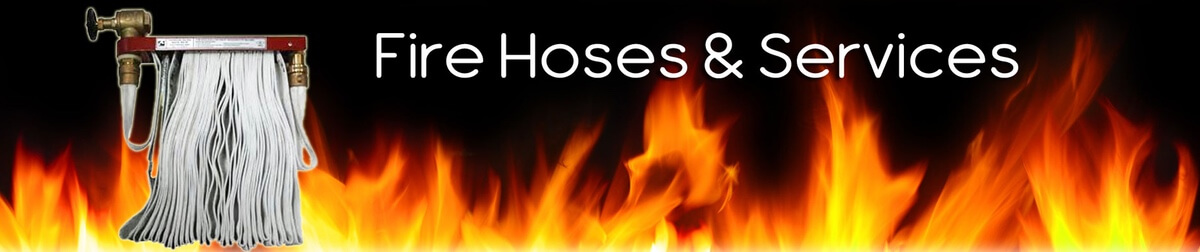 Fire hose on a wall rack with valve in front of flames, banner reading Fire Hoses & Services
